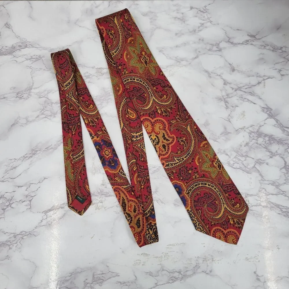 J Crew Vintage Paisley Silk Tie in Red and Gold Men's Necktie Made By Hand USA